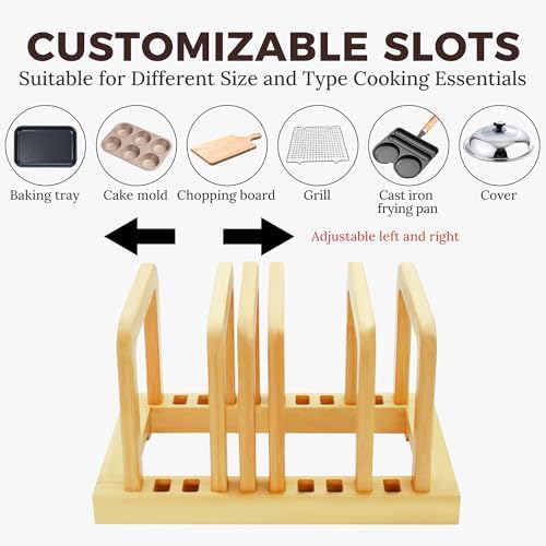 MinBoo Bamboo 5-Slot Adjustable Cutting Board Rack & Bakeware Organizer with Non-Slip Pads for Kitchen Storage,Small