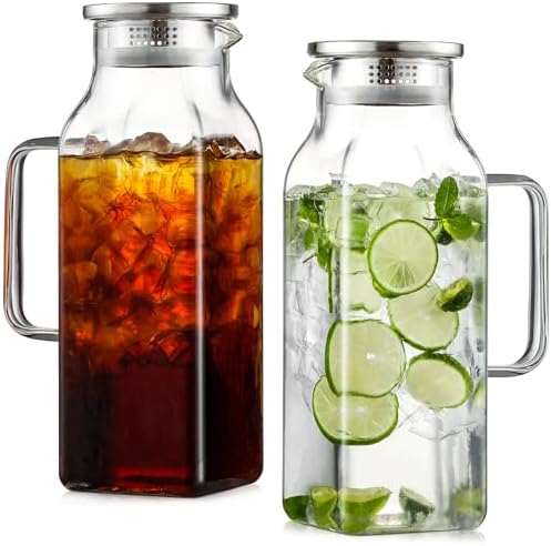 2 Pack 2.2Liters/75 oz Square Glass Pitcher with Lid and Handle for