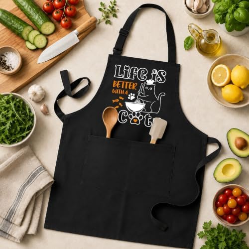 Black Cat Cooking Apron with Pockets