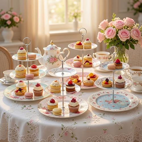 Dandat 4 Pcs 3 Tier Tea Party Cake Stand Floral Ceramic Cupcake