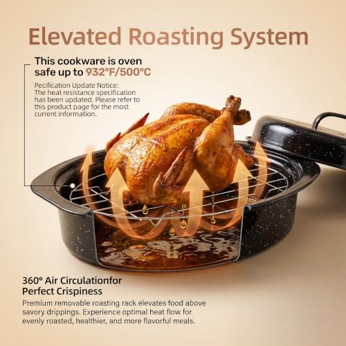 Enamel Roasting Pan with Lid and Rack 13" Oval Roaster,Upgraded Small Roast Pot for Chicken Vegetables Lasagna Nonstick Carbon Steel Baking Dish for Oven Sourdough Bread Pan Daily Meals
