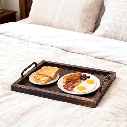 Lightweight Wood Serving Trays with Metal Handles, Set of 2 Nesting