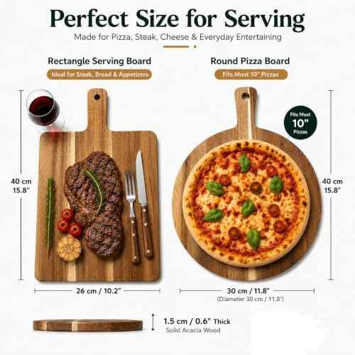 Acacia Wood Cutting Boards with Handle Set of 2, Charcuterie Boards for Cheese, Pizza, Bread, Steak & Appetizers, Round & Rectangle Decorative Serving Boards