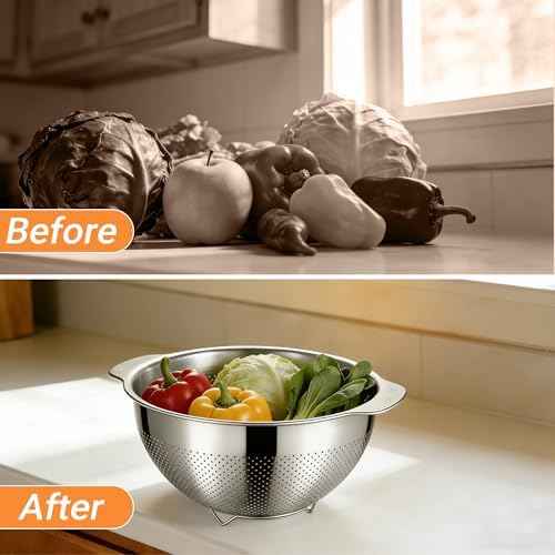 Colanders & Food Strainers,Stainless Steel Colander,3 Pcs Kitchen Strainers(2.5QT, 3.5QT, 5QT) for Pasta, Rice, Vegetables,Dishwasher Safe Metal Colander with Handles,Kitchen Gift