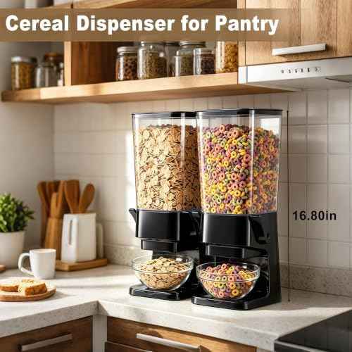 Cereal Dispenser Countertop Black 2 Pack with Bowl Spoon, 5.5 QT Cereal Containers Storage, Snack Dispenser for Pantry Kitchen Organization Oatmeal Nut Granola Candy Dry Dood