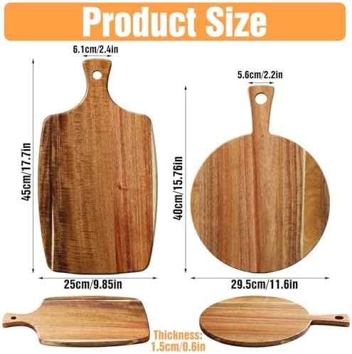 2 Pack Acacia Wood Cutting Board with Handle – 2 Shapes Wooden Charcuterie Board Set, Large Paddle Carving Chopping Block for Meat, Cheese, Fruit, Pizza, Bread – Farmhouse Serving Tray