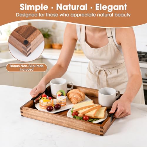 Joy&Grace Acacia Wood Serving Tray with Handles 17" x 13", Natural