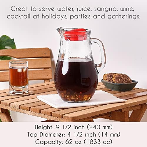 62 oz Glass Water Pitcher with Red Lid and Spout, Jug with Glass