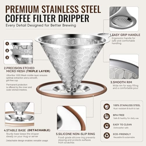 Pour Over Coffee Dripper, Triple-Layer Stainless Steel 800-Mesh Filter