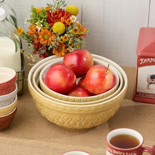 Vintage Farm Stoneware Mixing Bowl Set, 3-Piece, Includes 2 Qt, 3 Qt &