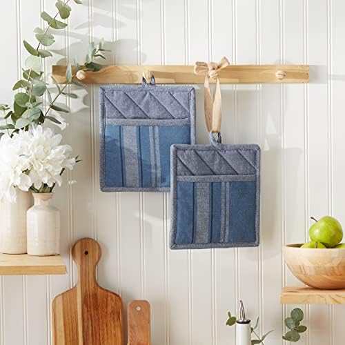 DII French Stripe, Kitchen Collection, Potholders, Chambray Blue
