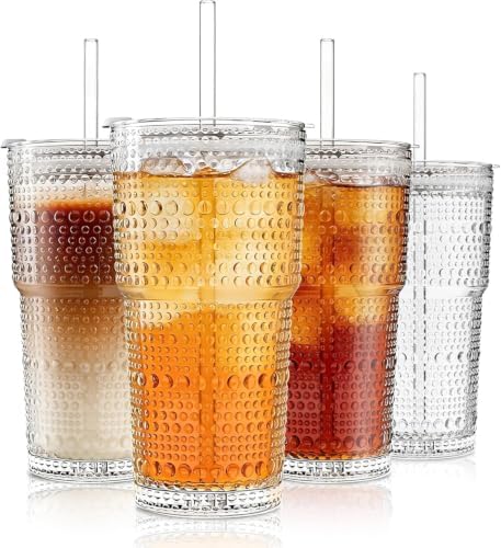 INSETLAN 20 oz Hobnail Glass Cups with Lids and Glass Straws