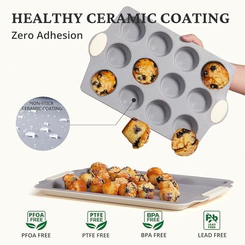 BRONYPRO Ceramic-Coated Nonstick 12-Cup Muffin Pan with 120 Liners