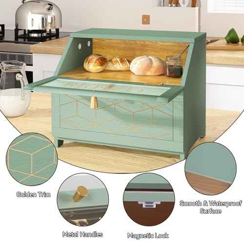 HOLTICO Double Layer Bread Box with Golden Trim for Kitchen Countertop
