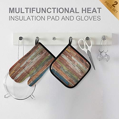 QMXO Colorful Watercolor Wooden Texture Oven Mitts Quilted Cotton