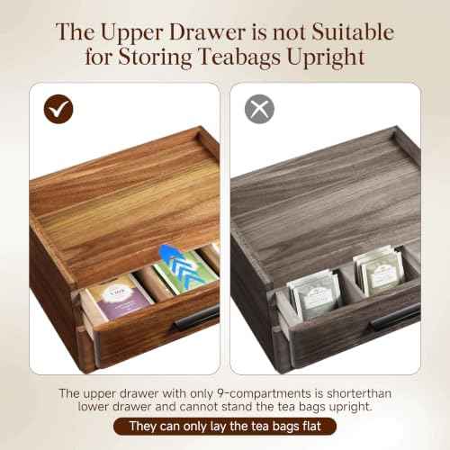 Acacia Wood Tea Bag Organizer - Double-Drawer Tea Box(21-Compartment)