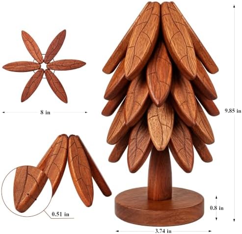 Wooden Trivet Set with Stand, 5 Pcs Tree Leaf Anti‐Slip Pattern Hot