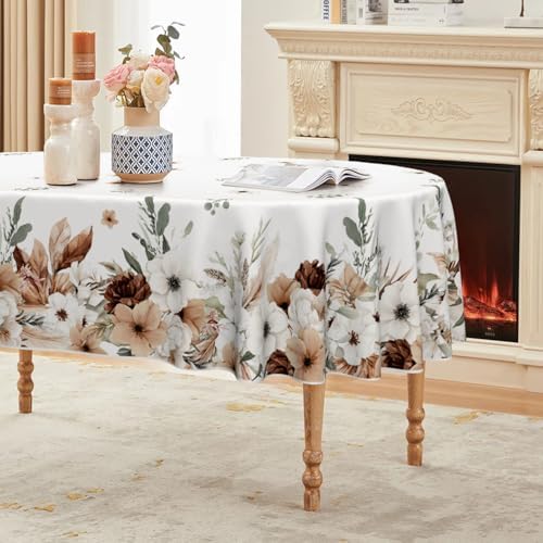 Horaldaily Tablecloth 60×84 Inch Oval, Peony Poppy Flower Brown