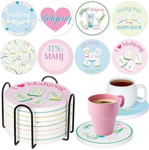 8 Pack Majiang Coasters with Holder 3.94 x 3.94 in Round Ceramic