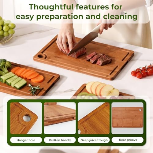 3Pack Bamboo Cutting Board, Wood Cutting Boards Set of 3 for Kitchen