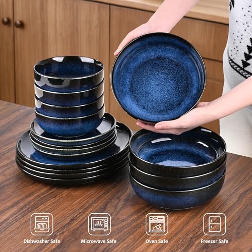 16 Pcs Porcelain Dinnerware Sets for 4 with Double Bowls, Blue