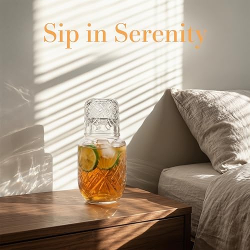 Bedside Water Carafe and Glass Set, Compact Glass Water Carafe with