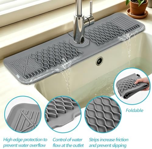 comfoyar Gray Silicone Kitchen Sink Faucet Mat, 24 x 5.7 Inch