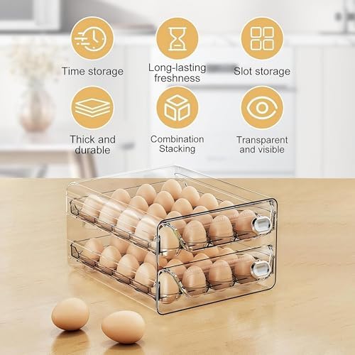 60-Eggs Holder for Fridge, 2 Tier Clear Stackable Egg Container for