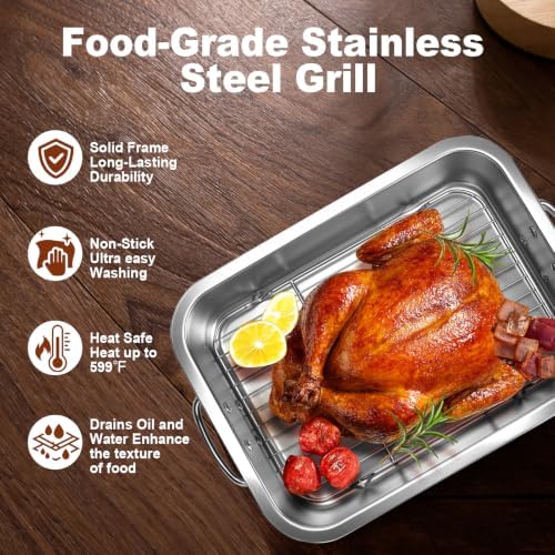 Stainless Steel Roasting Pan with Rack & Handles, 14.17 * 10.63 Inch Food-Grade Roasting Pan, Oven and Dishwasher Safe. Suitable for Turkey, Meat, Baking, Bread