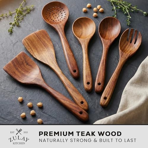 Zulay Kitchen 6-Piece Natural Teak Wooden Utensil Set
