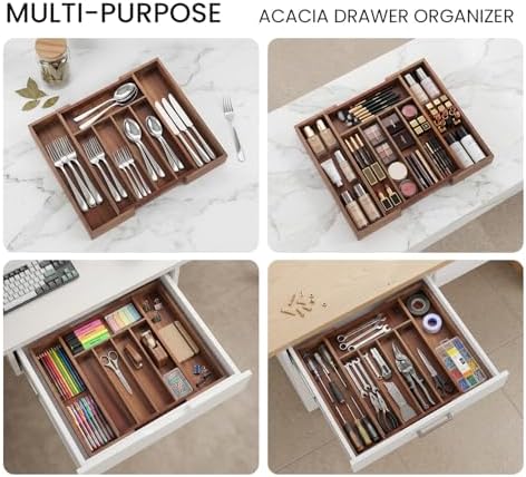 Fibogollo Expandable Kitchen Drawer Organizer,Acacia Wood Silverware Organizer,Adjustable Flatware Tray for Utensils(13.78 * 10.24~16.14 * 1.97)