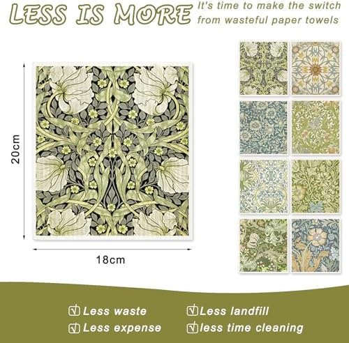 8 Packs Foliage Swedish Dishcloths, Blue Green Floral, 7 x 8 Inch