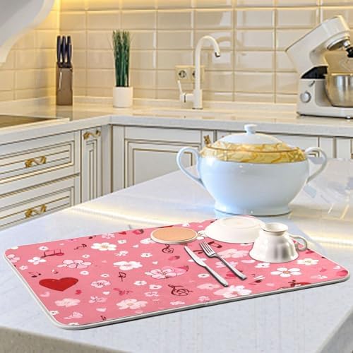 OTVEE Heart Melody Pattern Dish Drying Mat for Kitchen Counter