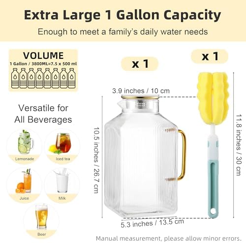 Kochorie 1 Pack 1 Gallon/128 oz Square Glass Pitcher with Lid &