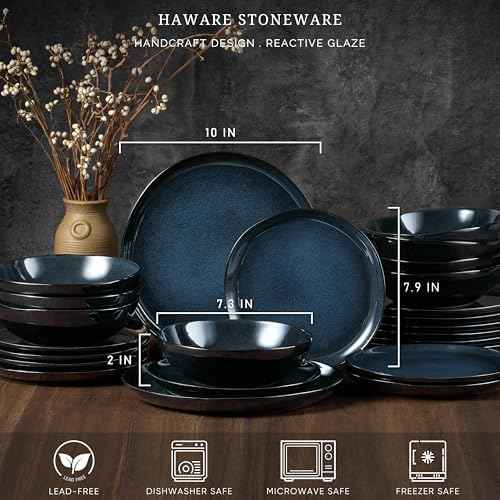 HaWare Plates and Bowls Set, Stoneware Dinnerware Sets, 24-Piece Hand-painted Dishware for 8, Ceramic Dinner Set for Home Kitchen, Microwave and Dishwasher Safe, Reactive Starry Blue