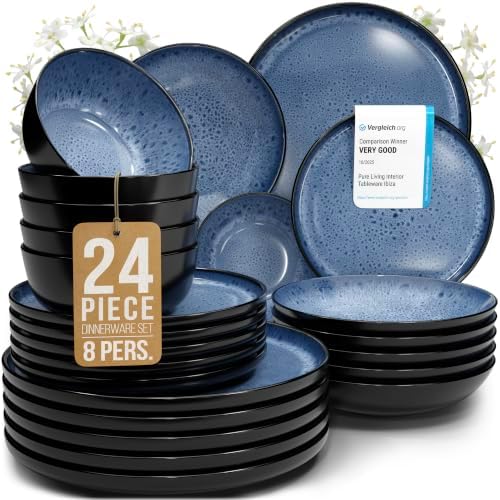 24 Piece Stoneware Dinnerware Set for 8, Handcrafted Plates and Bowls Set