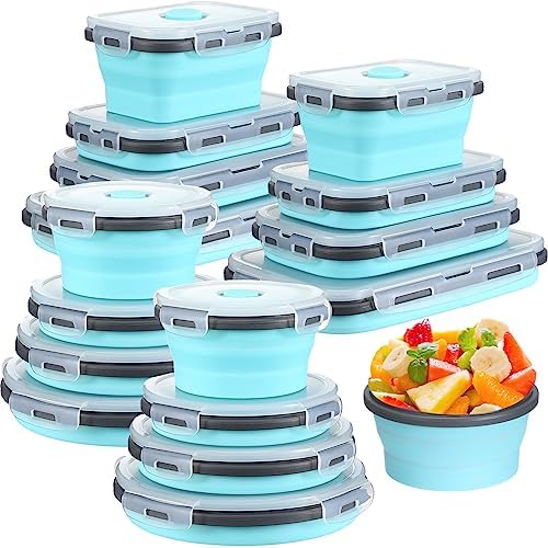 Yaomiao 16 Pack Collapsible Food Storage Container with Lid,Gray, Blue