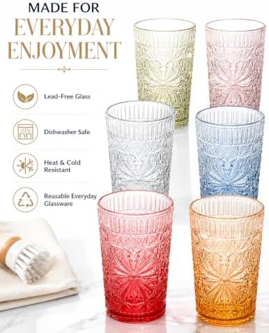 Drinking Glass Set of 6, 13oz Colored Glass Cup Glassware Set