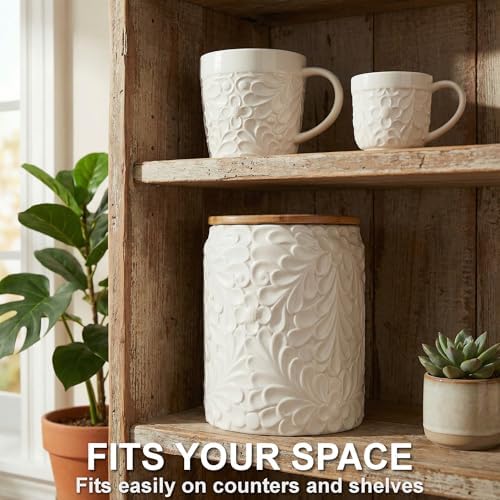 25DOL XXL 94 Oz Engraved Ceramic Kitchen Canister, Airtight Bamboo Lid