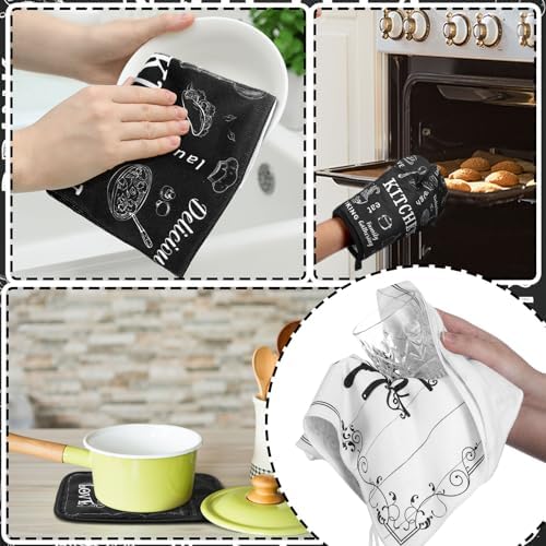 Leinuosen 6 Pcs Farmhouse Kitchen Towel Set with Oven Mitt, Black and
