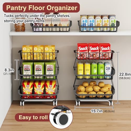 3-Tier Rolling Pantry Cart with Wheels, Stackable Wire Storage Floor Organizer for Kitchen Pantry Snack Shelves, Fruit Basket Stand, Vegetable Storage Rack for Food Snacks Onion Potato