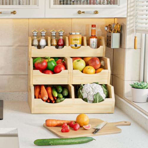 Potato and Onion Storage Bin, 3-Tier Stackable Bamboo Pantry Bins