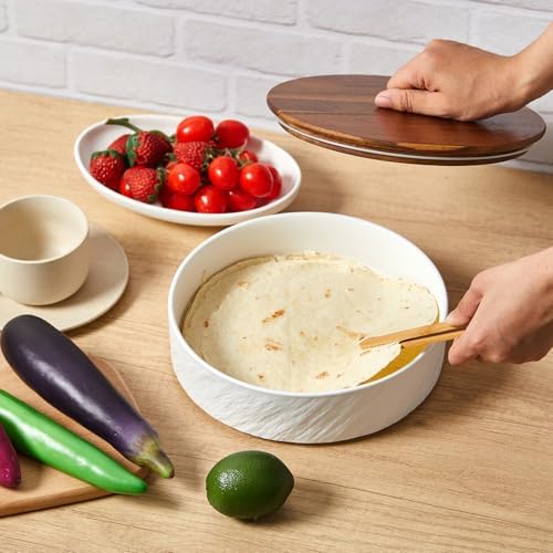 SiliFine Ceramic Tortilla Warmer with Acacia Wood Lid, 9 Inch Tortilla