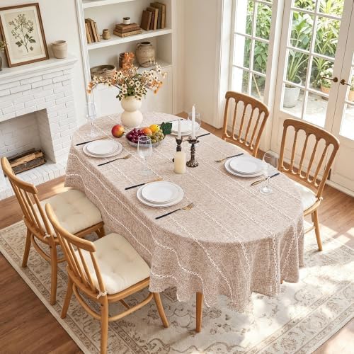 Light Coffee Farmhouse Striped Oval Tablecloth, 55×86 Inch Linen Cover