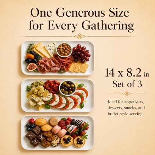 DELLING 14 Inch Large Serving Platter Set of 3, White Porcelain Serving Trays for Entertaining, Rectangular Platters for Turkey Meat Appetizer Party, Oven Microwave Dishwasher Safe Dinnerware