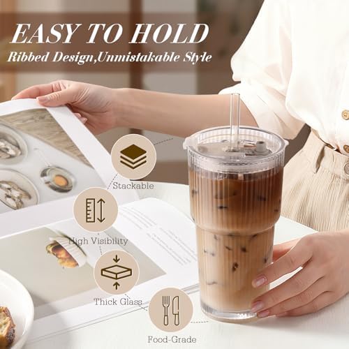 Iced Coffee Cups with Lids,Glass Cups with Lids and Straws,2 Coffee