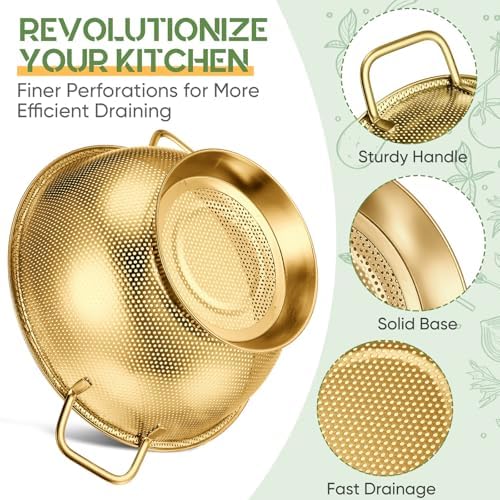 Bokon 3 Pcs Stainless Steel Colander Set Metal Mesh Strainers, Gold