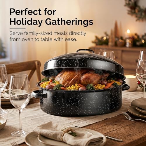 19.3" Large Roasting Pan with Rack and Lid, Granite Enameled Roaster