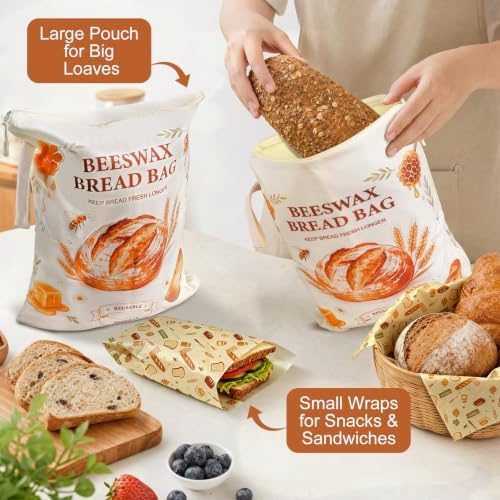 Reusable Beeswax Bread Bags & Wraps Set, 2 XL
