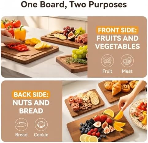 Bamboo Cutting Boards 5-Piece Set (S/M/L) with Juice Grooves &